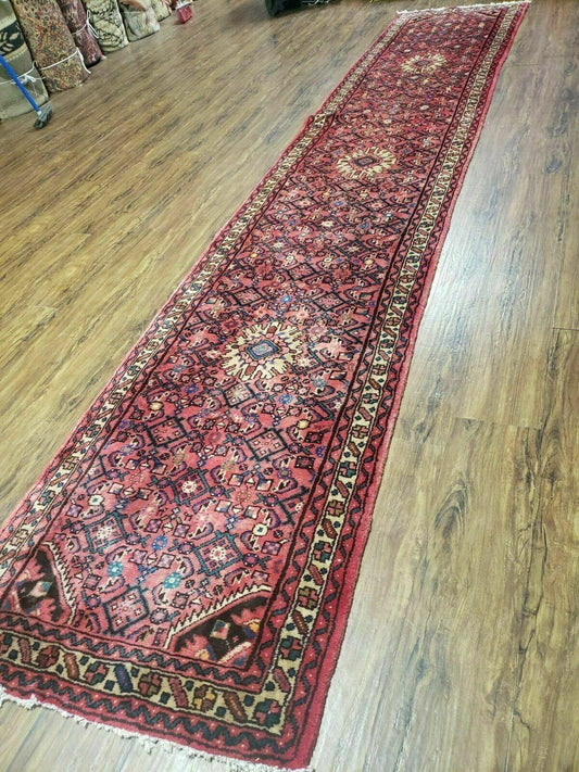 Persian Hamadan Runner Rug 2.8 x 14, Red, Vintage Handmade Wool Runner Rug