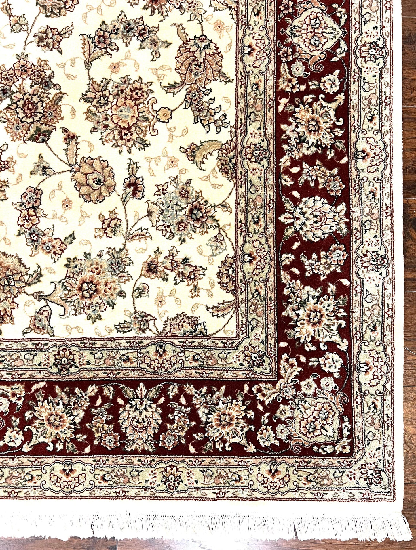 Pak Persian Rug 6x9, Floral Allover Carpet 6 x 9 ft, Cream and Maroon Hand Knotted Wool and Silk Fine Oriental Rug, Traditional Vintage Rug