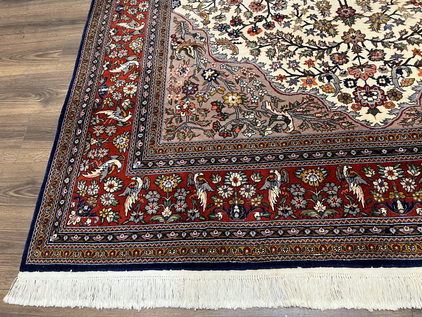 Beautiful Sino Persian Rug 7x10, Circle of Life Tree of Life Rug, Birds, Cream Red Navy Blue Taupe, Wool Silk Accents, Hand Knotted Vintage