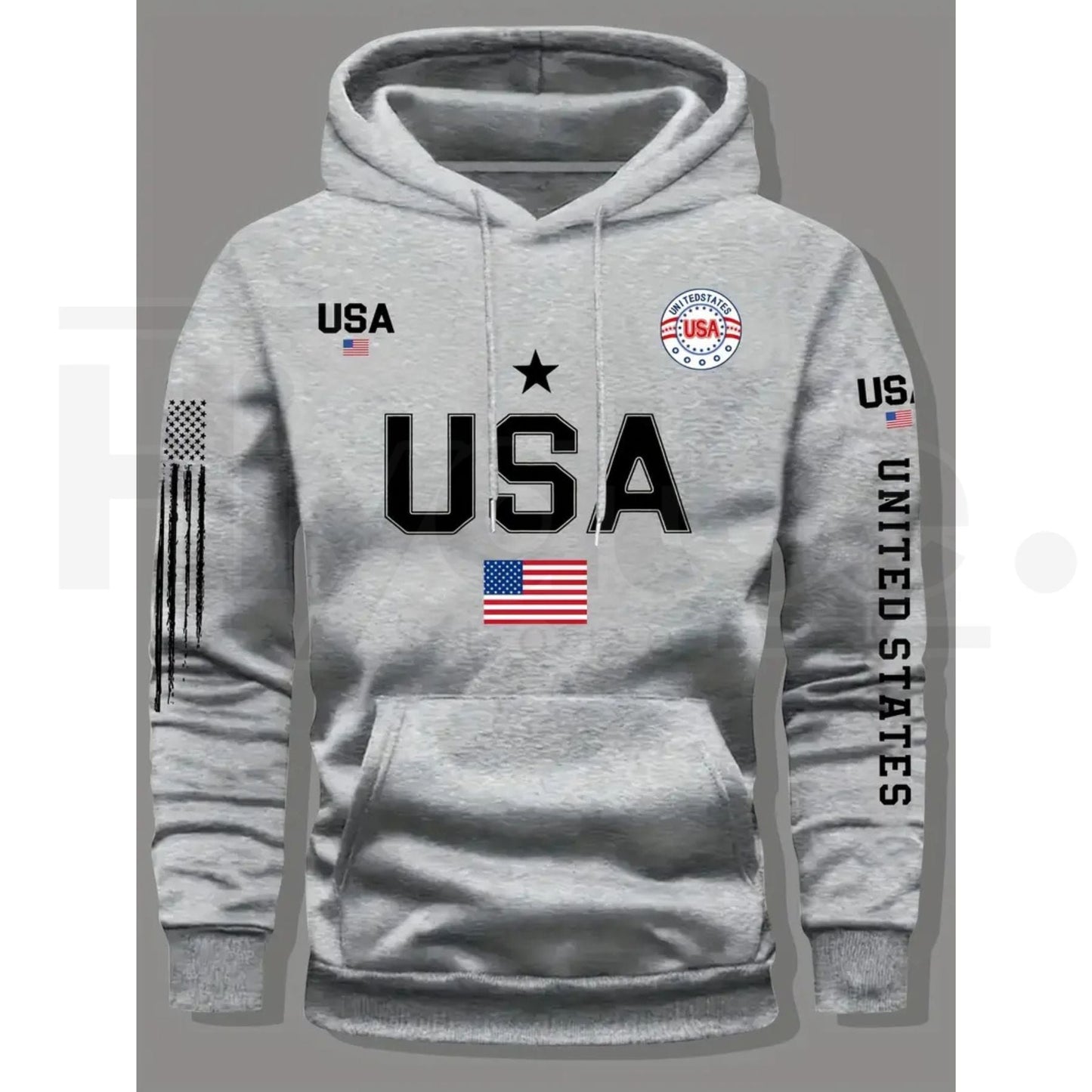 USA Flag Print Men’s Fleece Hoodie – United States Letter Print Unisex Knit Pullover for Couples & Students, 2026 Spring Fashion