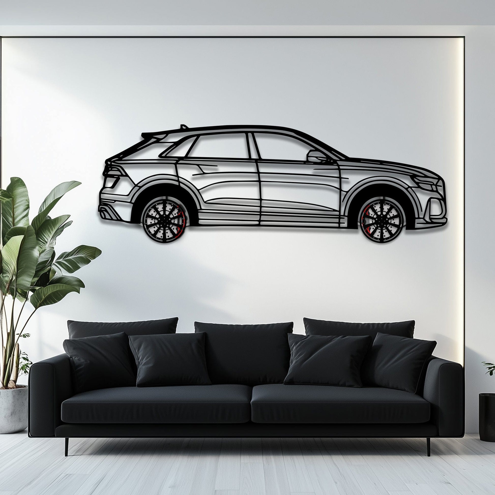 Audi Q8 Metal Car Wall Art with Rotating Wheels - Handmade Luxury SUV Silhouette Decor - Automotive Wall Art for Petrolheads - KAFMEKA095