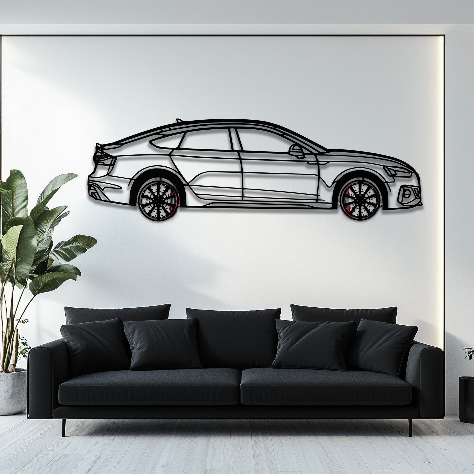 Audi RS5 Metal Car Wall Art with Rotating Wheels - Performance Sportback Silhouette Decor - Interactive Automotive Wall Art - KAFMEKA097