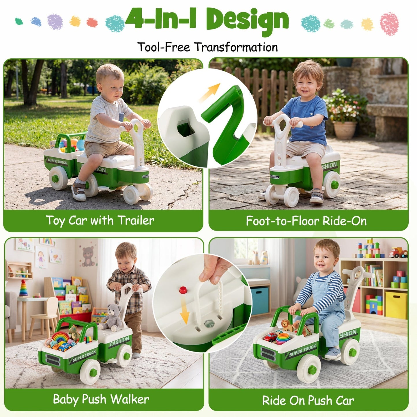 4-in-1 Ride On Push Car with Music and Storage