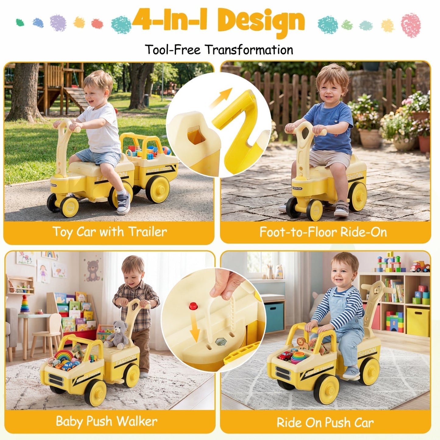 4-in-1 Ride On Push Car with Music and Storage