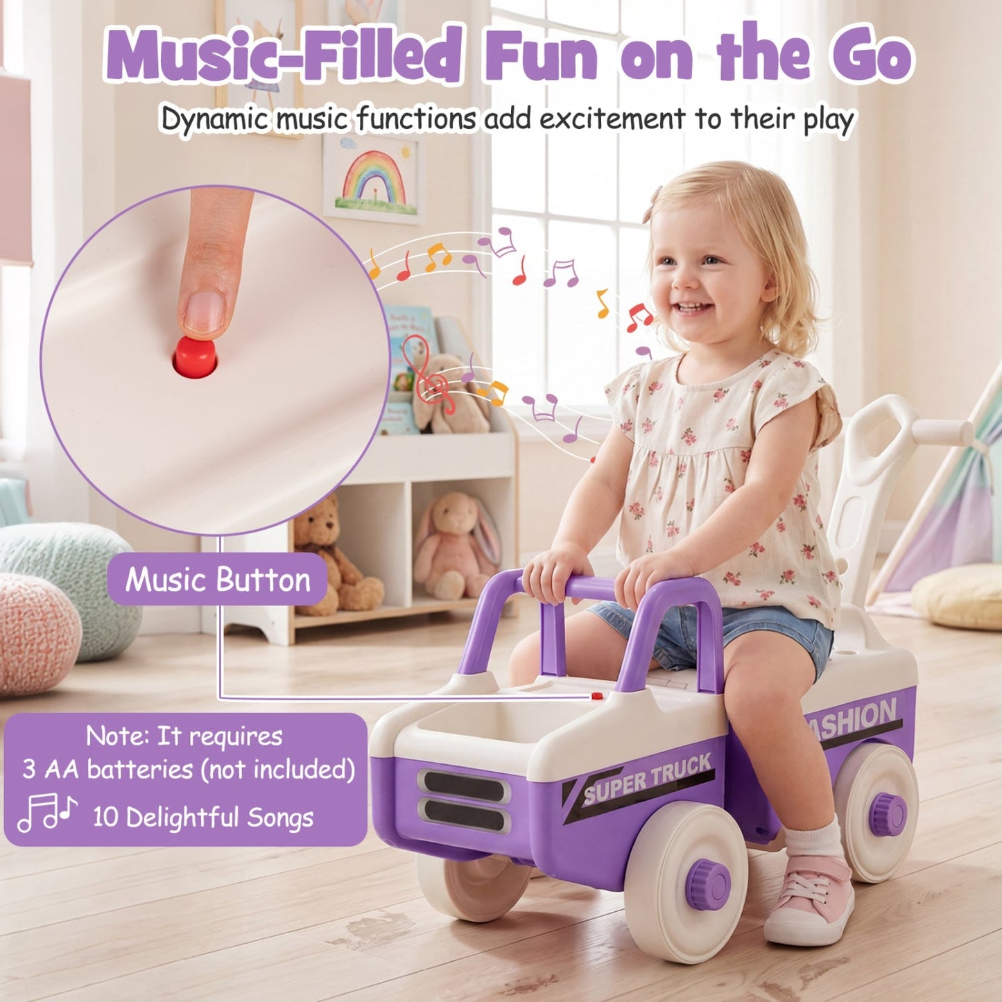 4-in-1 Ride On Push Car with Music and Storage