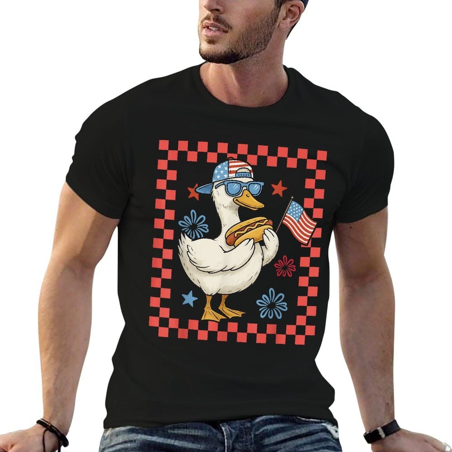 Cool America Goose 4th Of July US Patriotic Boy Men  Oversized Silhouette T-Shirt