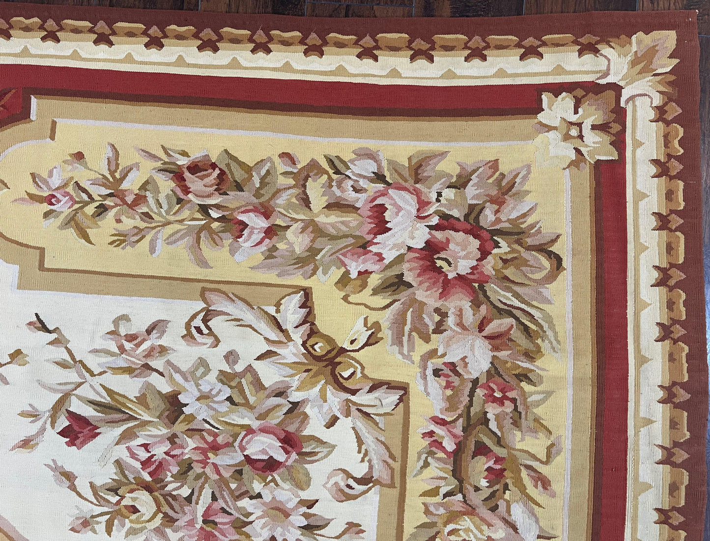 Aubusson Rug 9x12, Elegant Flatweave Savonnerie Carpet 9 x 12 ft, Ivory Light Yellow Red, Handmade Wool Flatweave French European Rug