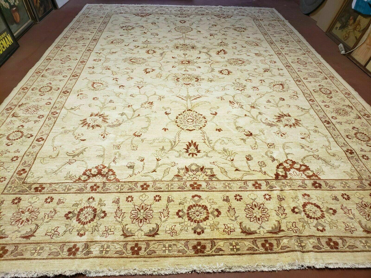 Oushak Rug 10x14 Neutral Colors Handmade Peshawar Wool Carpet Oatmeal Beige