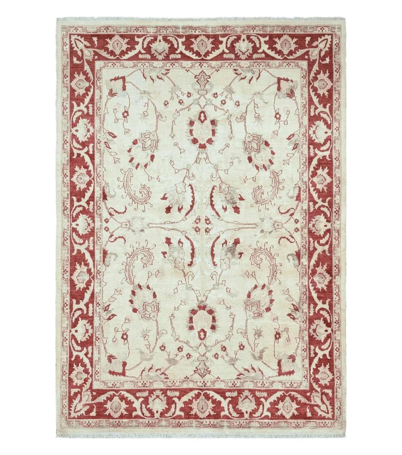 Peshawar Rug 8x12 Pakistani Carpet, Oriental Rug 8 x 12 Chobi Rug, Beige and Red, Allover Large Floral Design, Hand Knotted Vintage Wool