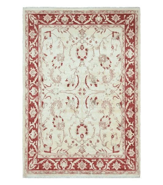 Peshawar Rug 8x12 Pakistani Carpet, Oriental Rug 8 x 12 Chobi Rug, Beige and Red, Allover Large Floral Design, Hand Knotted Vintage Wool