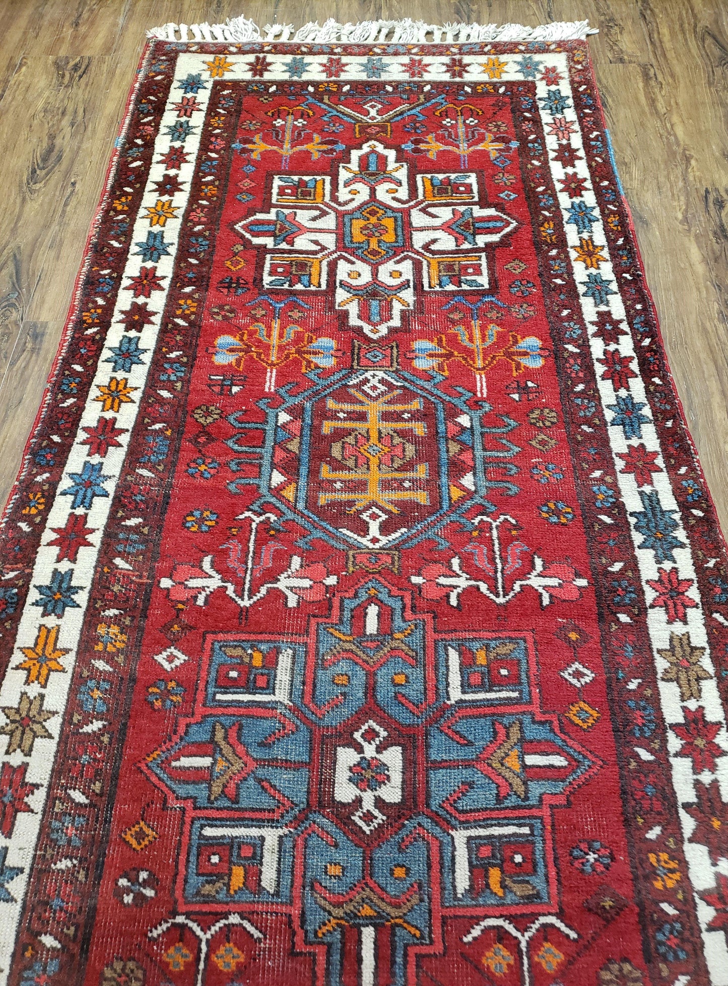 Antique Persian Heriz Karajeh Runner Rug 3x11, Hand-Knotted Red Geometric Medallions