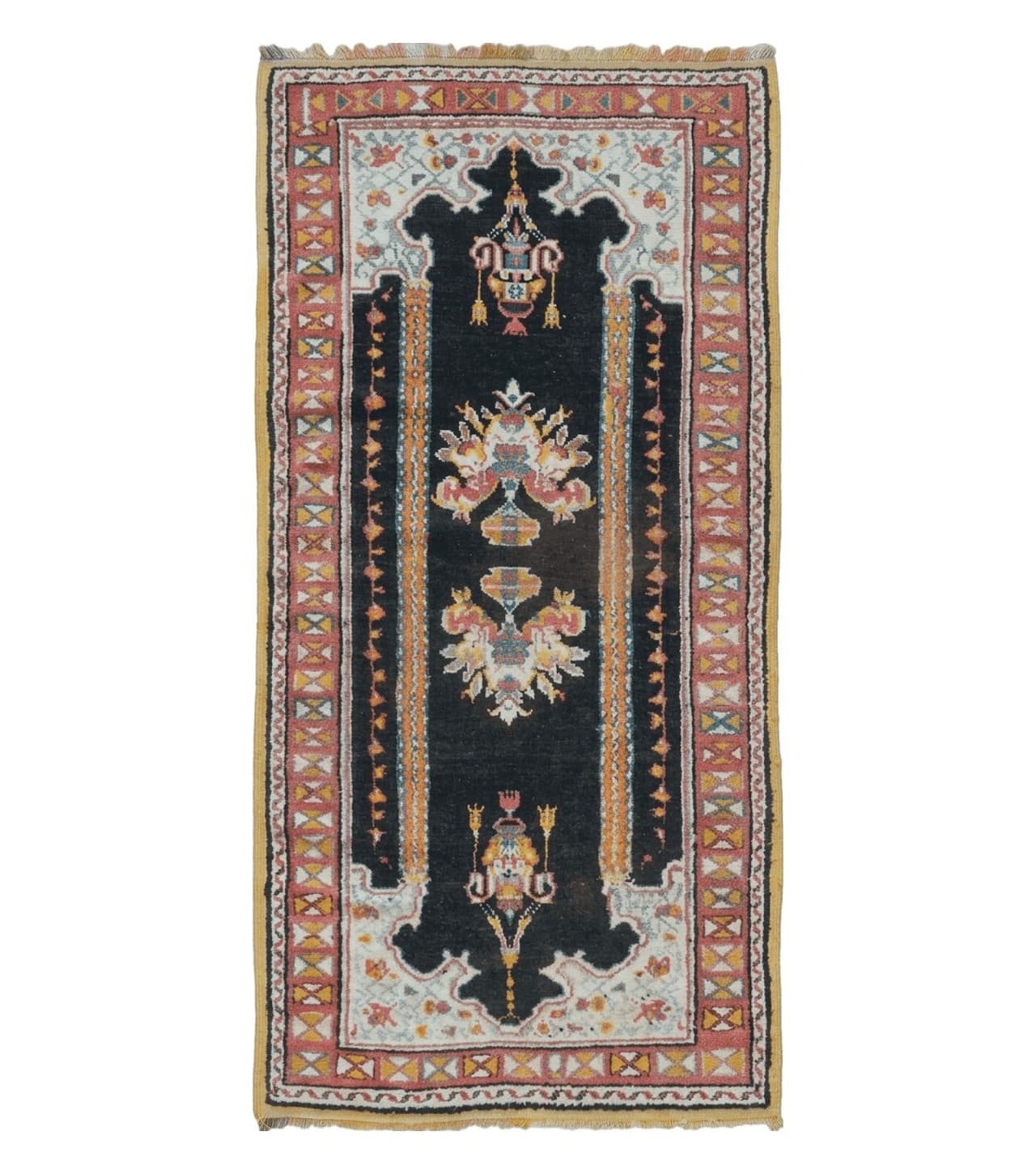 Antique Moroccan Runner Rug 3x7, Moroccan Prayer Rug, Double Mehrab Prayer Arches, Black and Red, Hand-Knotted Wool Carpet, Hallway Rug Nice