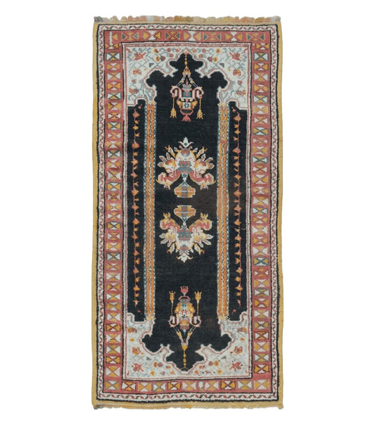 Antique Moroccan Runner Rug 3x7, Moroccan Prayer Rug, Double Mehrab Prayer Arches, Black and Red, Hand-Knotted Wool Carpet, Hallway Rug Nice