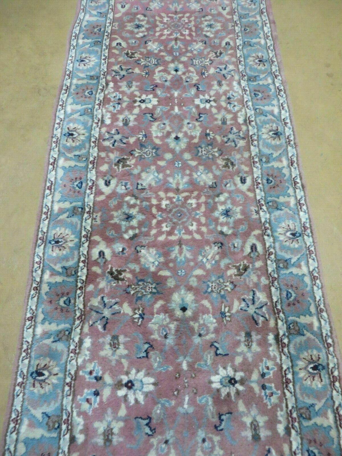 Indo Persian Runner Rug 2.8 x 12, Wool Hand Knotted, Pink and Light Blue