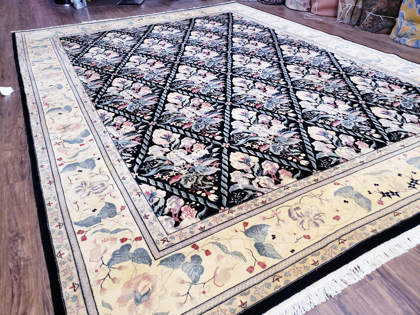 Sino-Persian Kirman Rug 9x12 Floral Handmade Wool Carpet Black & Ivory Vintage
