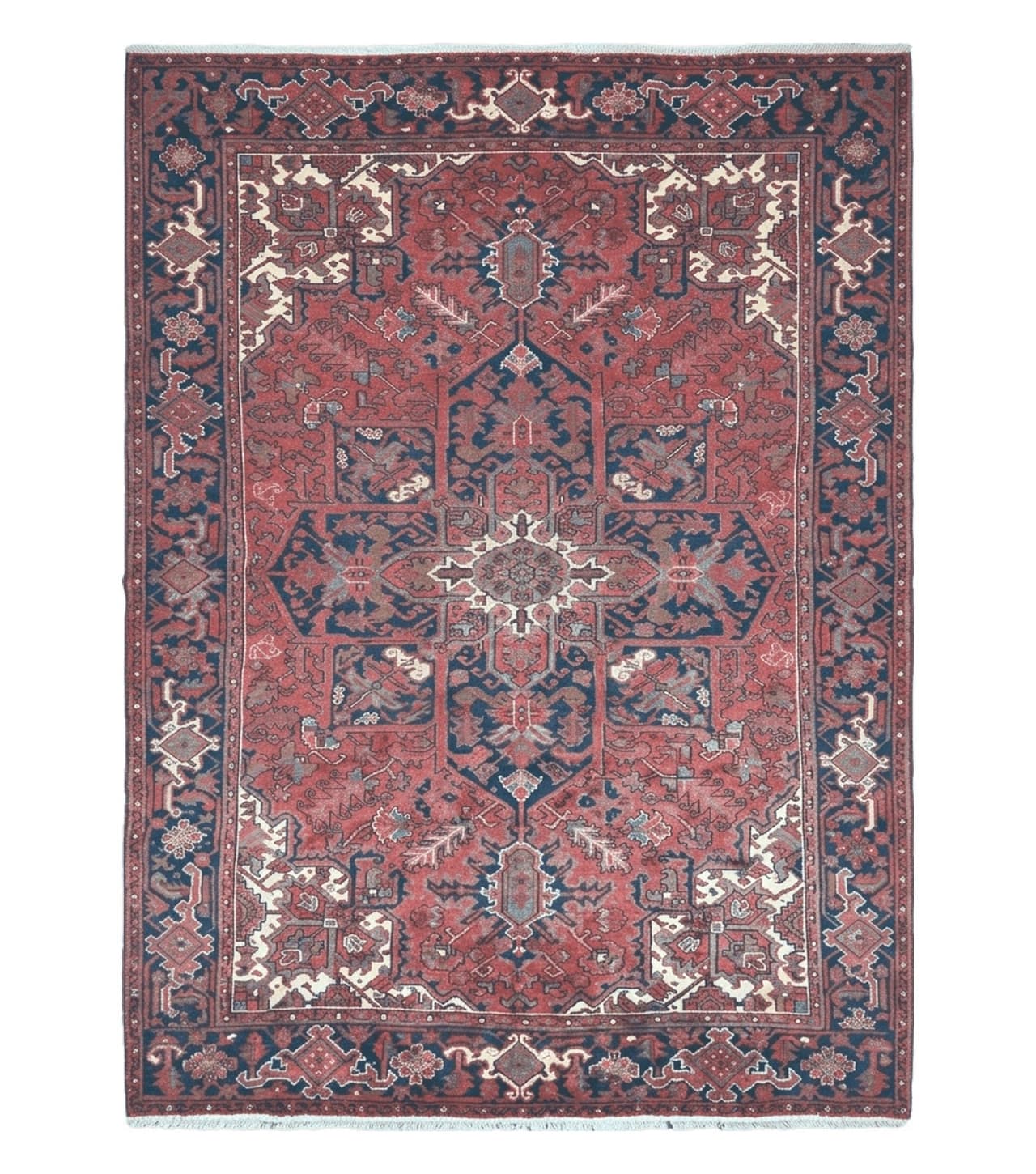 Persian Rug 8x11 Room Sized Heriz Carpet, Hand Knotted Wool Rug, Vintage Semi Antique, Geometric Medallion, Wine Red Cream Dark Blue, Wow