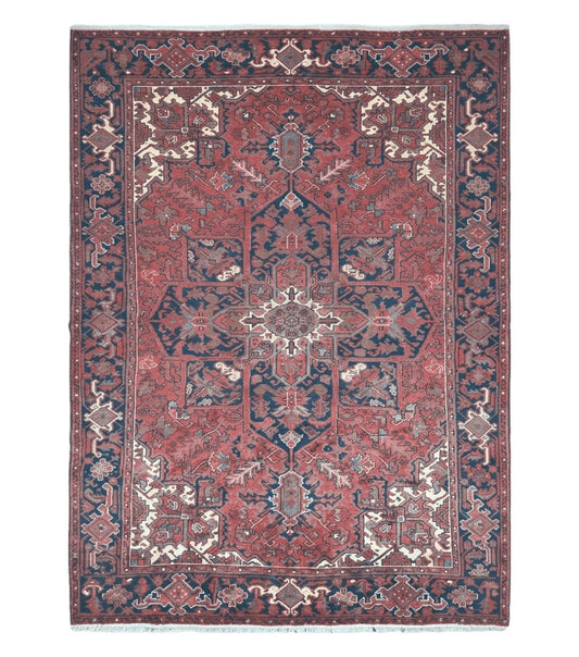 Persian Rug 8x11 Room Sized Heriz Carpet, Hand Knotted Wool Rug, Vintage Semi Antique, Geometric Medallion, Wine Red Cream Dark Blue, Wow