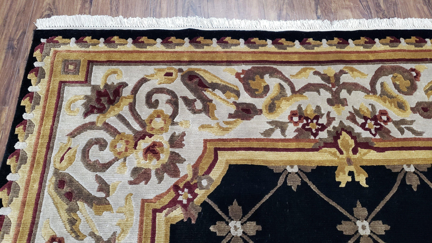 6x9 Nepalese Rug, Aubusson Savonnerie Area Rug 6 x 9 with Soft Pile, Hand-Knotted Wool Black & Beige Tibetan New Carpet European Design