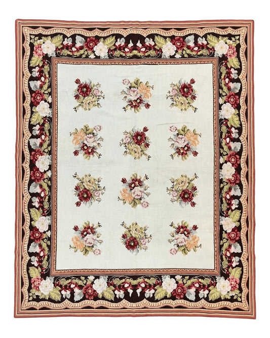 Portuguese Needlepoint Rug 8x9, Vintage Rug 8 x 9 ft, Ivory Dark Brown Hand-Woven Wool Portuguese Carpet, European Rug