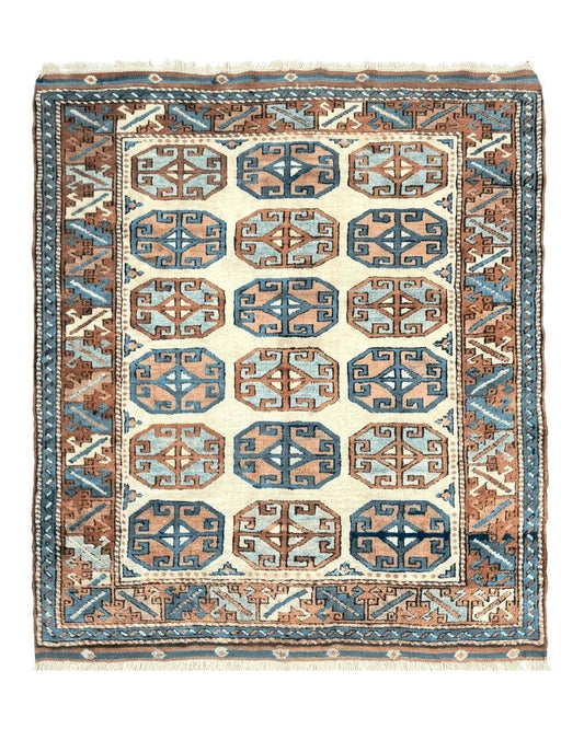 Turkish Kazak Rug 3x4, Wool Hand Knotted Handmade Vintage Carpet, Geometric Tribal Repeated Motif, Small 3 x 4 Antique Rug, Cream Red