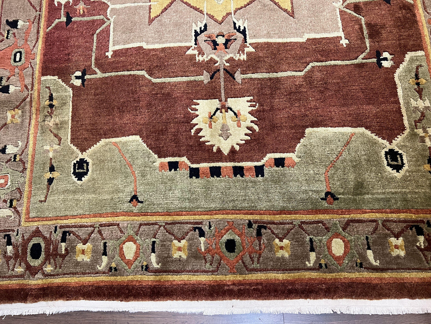 Tibetan Rug 7x10, Geometric Medallion, Red Green Taupe, Hand Knotted, Soft Wool Area Rug, Contemporary Carpet, Handmade Nepali Rug 7 x 10 ft