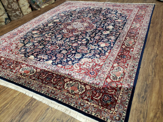 Vintage Dark Blue Persian Room Sized Rug 8x10, Wool & Silk Highlights Hand-Knotted Midnight Blue Red Floral Carpet, 8 x 10 Living Room Rug