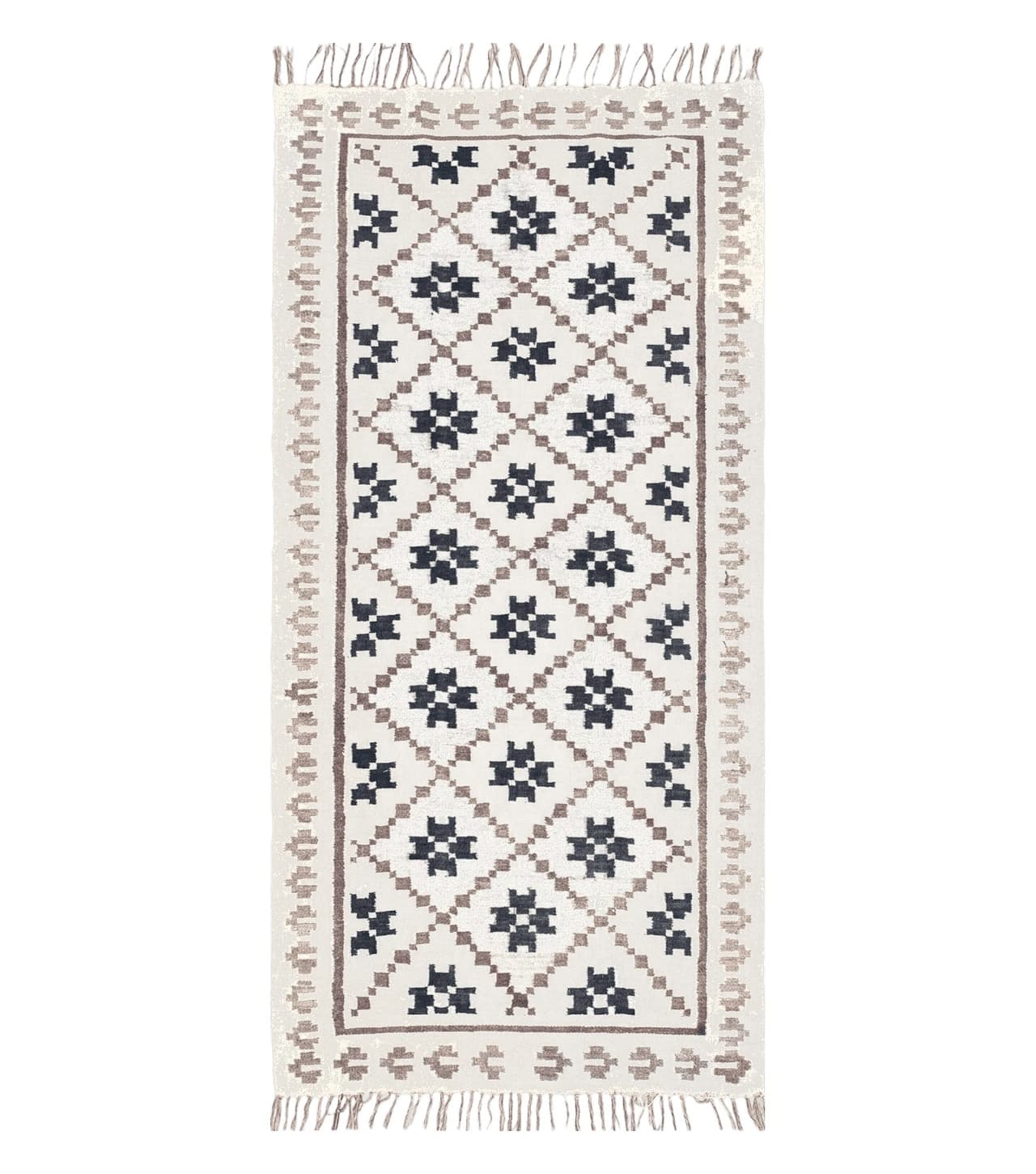 Semi Antique South American Blanket 4x8, Wool Hand-Woven Flatweave Kilim Rug, Handmade Antique Vintage Runner, Ivory & Blue, Diamond Panel
