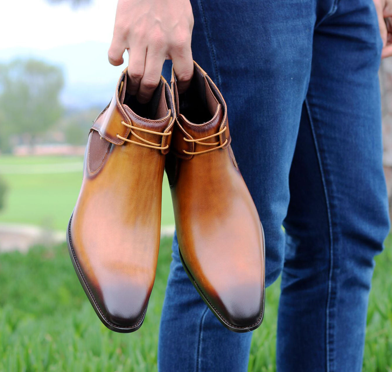 Carrucci Burnished Calfskin Belt - Cognac