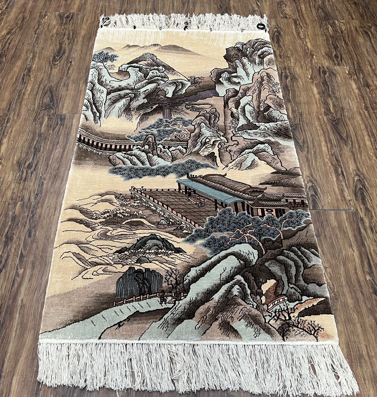 Silk Chinese Wall Hanging Rug 3x6 ft Tapestry, Pagoda Scene, Pictorial, High Quality Fine Hand Knotted Vintage, Asian Oriental Handmade Nice