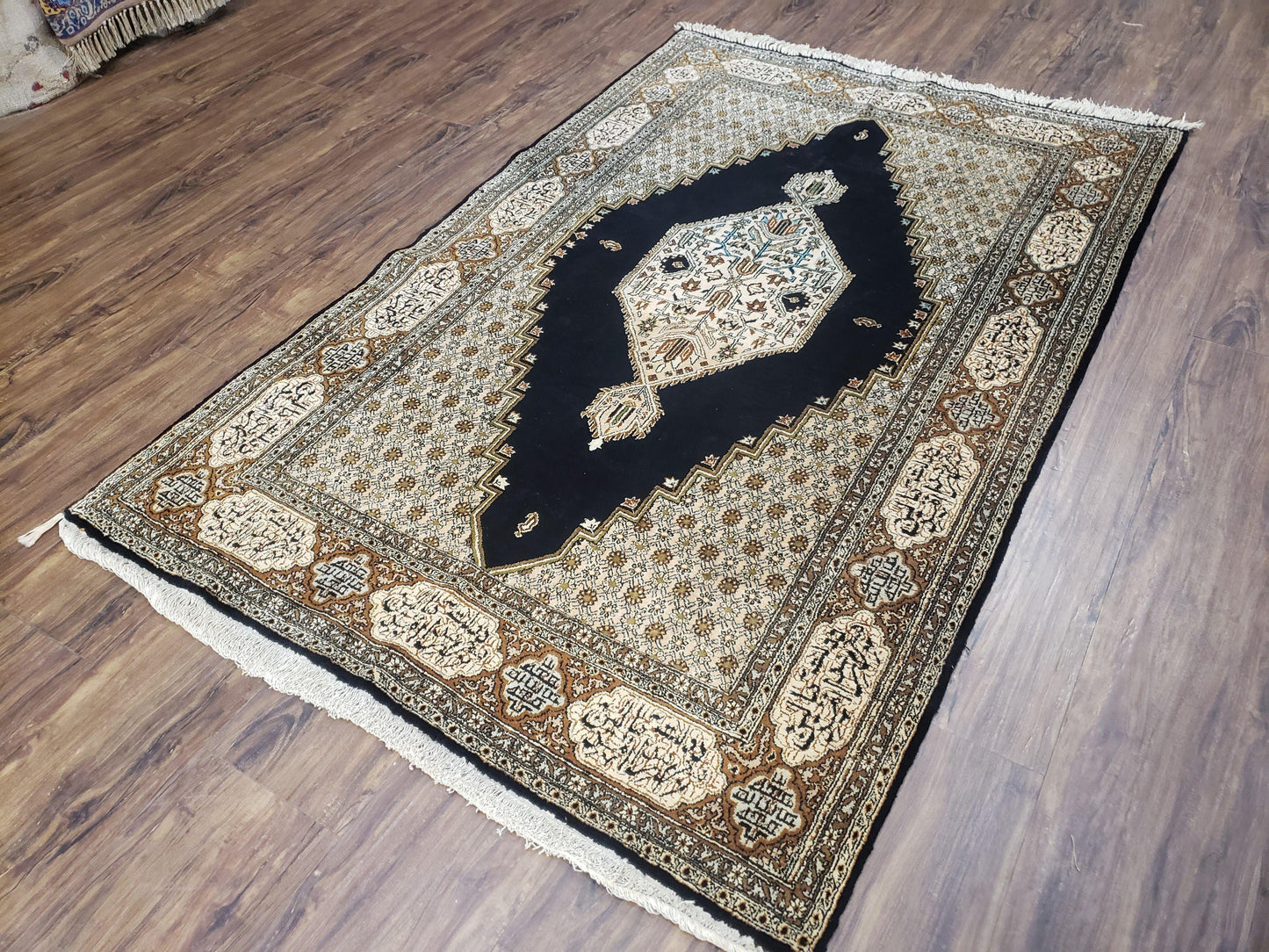 Persian Silk Qum Rug, Silk on Silk, Black Golden Brown and Beige, Hand-Knotted, 3'6" x 5' 5"