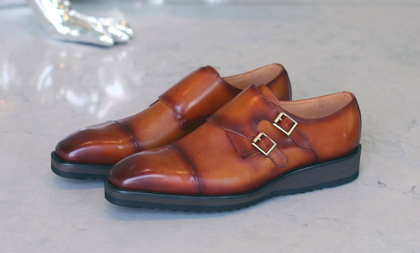Carrucci Burnished Calfskin Belt - Cognac