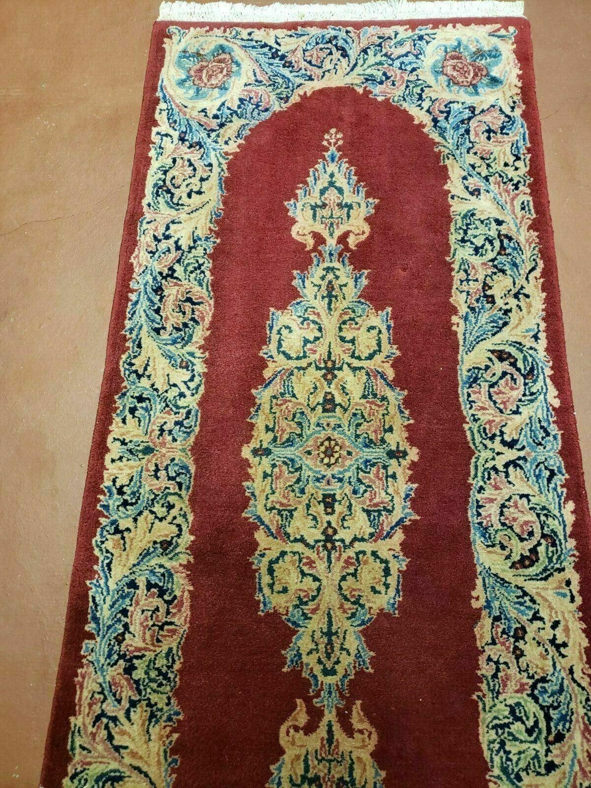 Small Persian Kirman Rug 2x4, Wool Oriental Vintage Handmade Carpet, Hand Knotted Floral Medallion, Red & Beige, Semi Open Field
