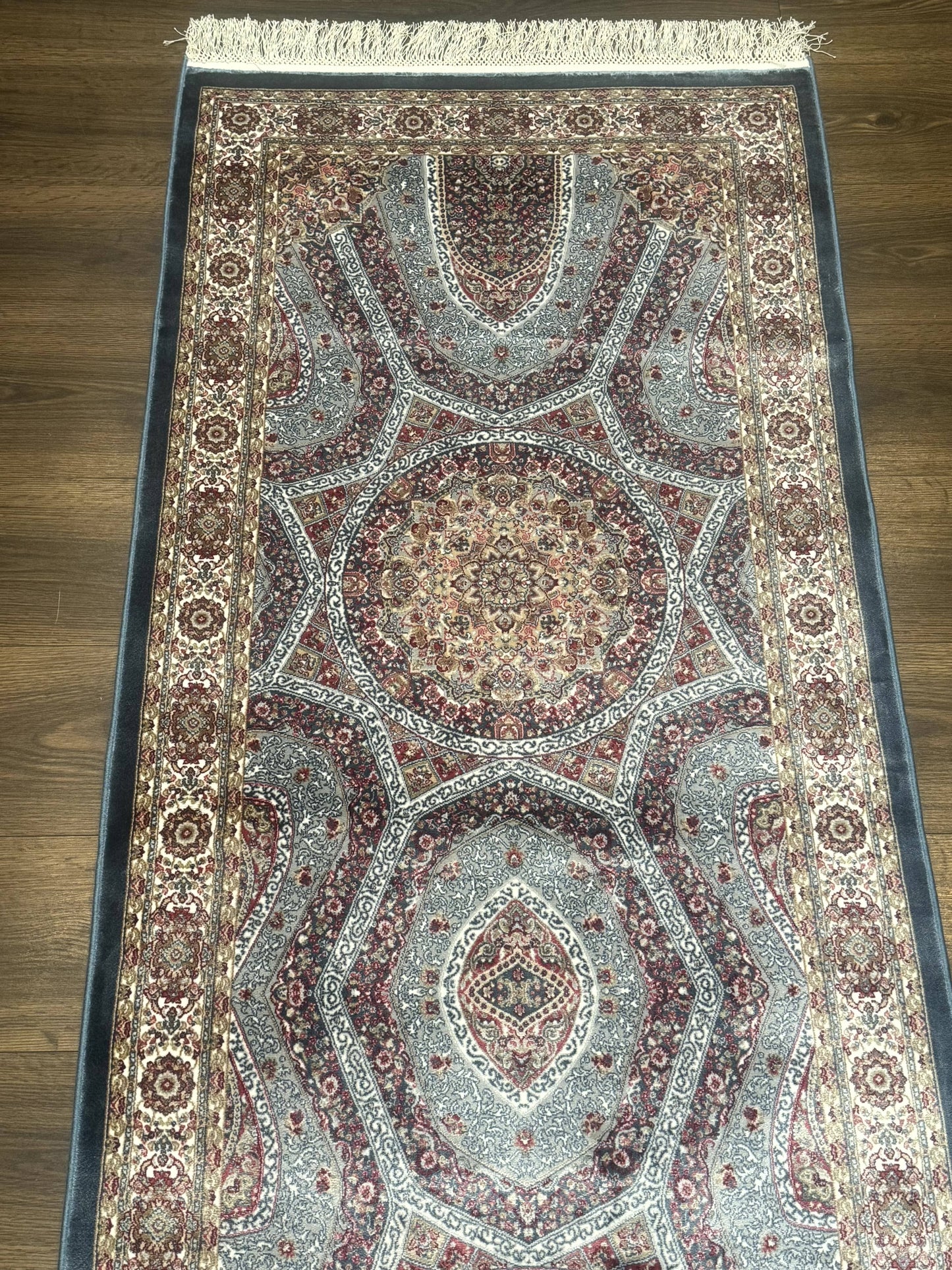 Turkish Silk Runner Rug 2.6 x 10, Light Blue Carpet, Bamboo Silk, New