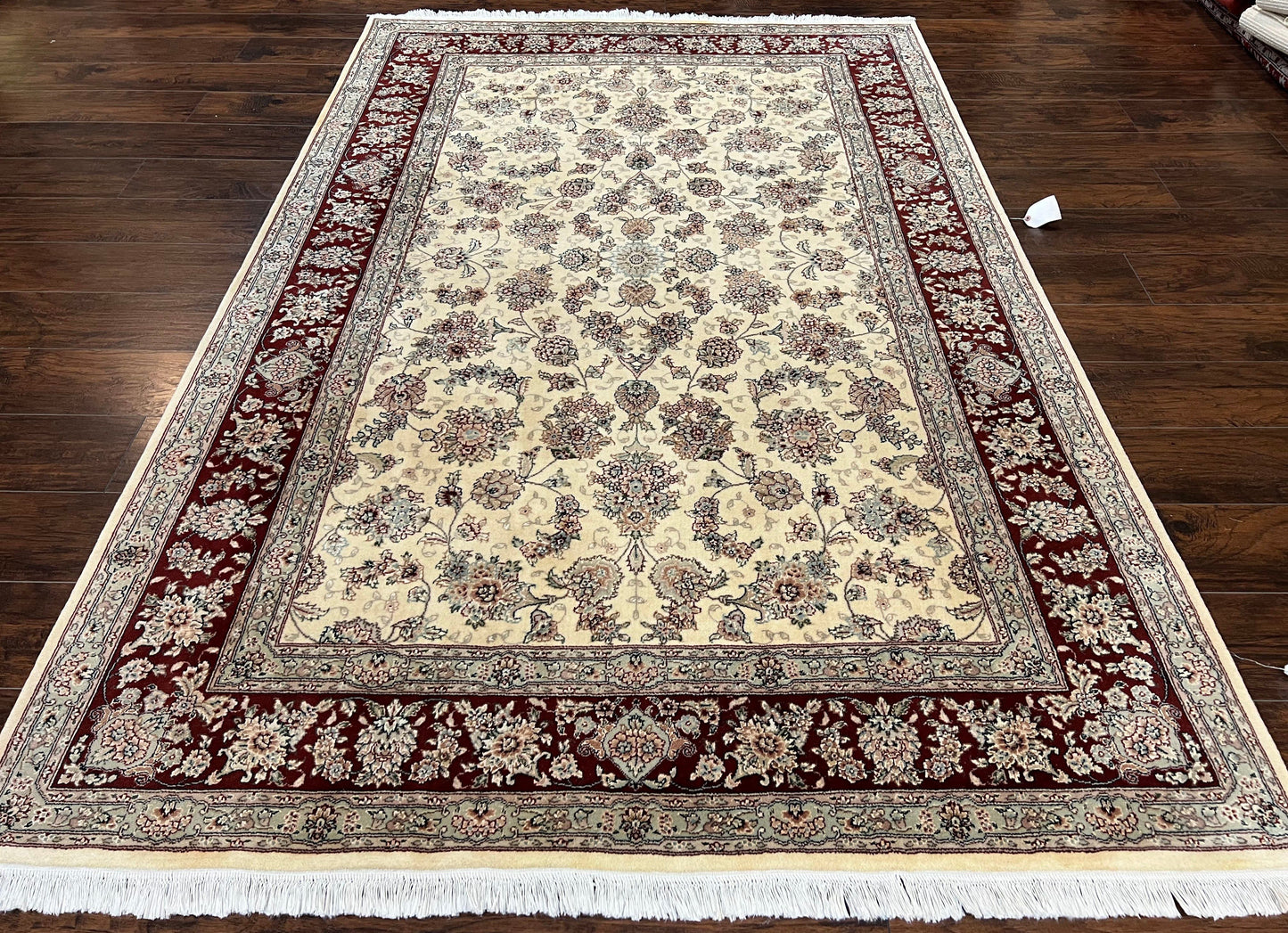 Pak Persian Rug 6x9, Floral Allover Carpet 6 x 9 ft, Cream and Maroon Hand Knotted Wool and Silk Fine Oriental Rug, Traditional Vintage Rug
