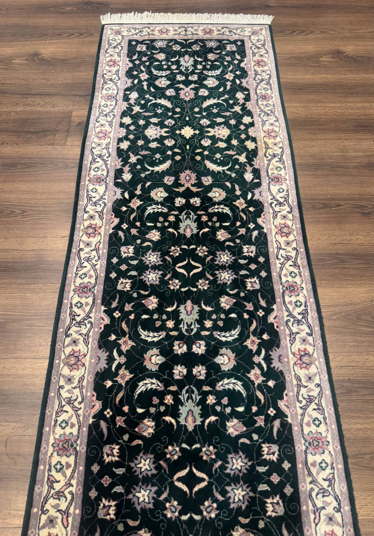 Pak Persian Runner Rug 2.6 x 10, Dark Green and Beige, Floral Allover