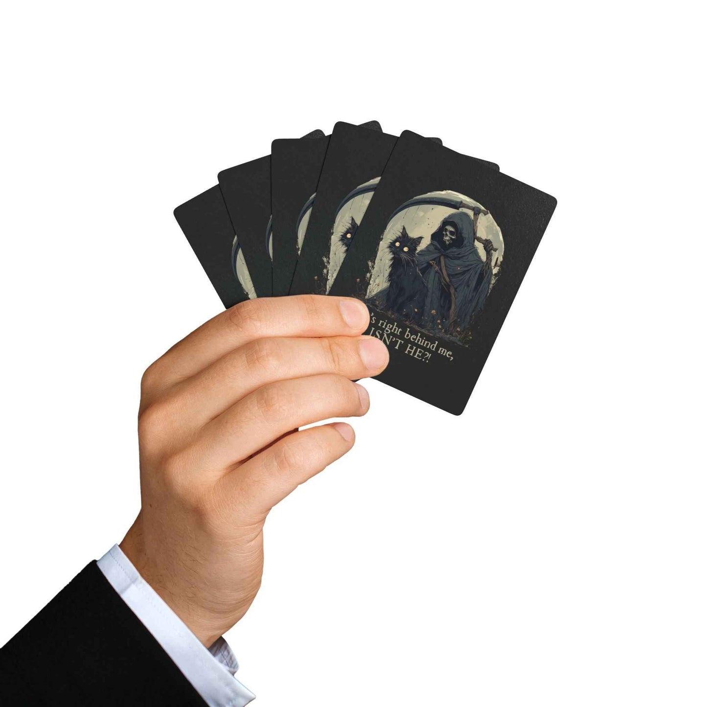 “He’s Right Behind Me, Isn’t He?” Black Cat Poker Playing Cards – Whimsical Dark Art Deck