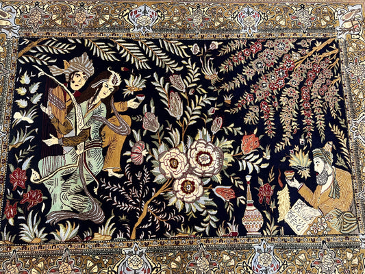 Persian Qum Pictorial Rug 4.8 x 6.5 - Layla & Majnun, Birds