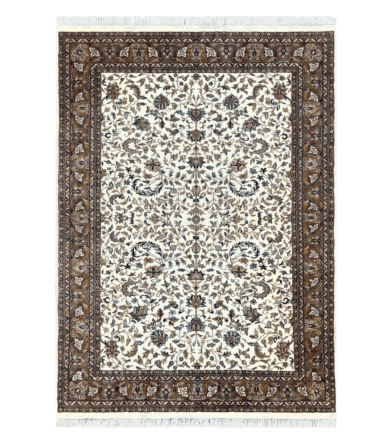 Indo Kirman Rug 8x12 Allover Floral Design, Ivory/Cream Brown, Vintage Handmade Hand Knotted Rug, Traditional Wool Persian Carpet 8 x 12
