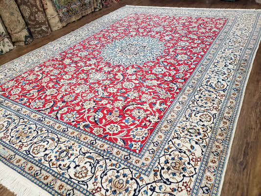 Persian Nain Rug 8x12, Red and Ivory, Signed