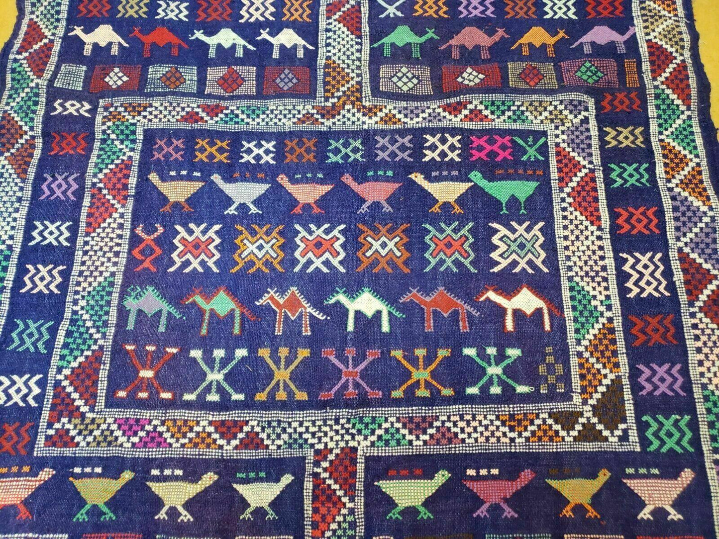 3' X 7' Vintage Handmade Indian Wool Kilim Flat weave Rug Camel Birds Blue Geometric Short Runner