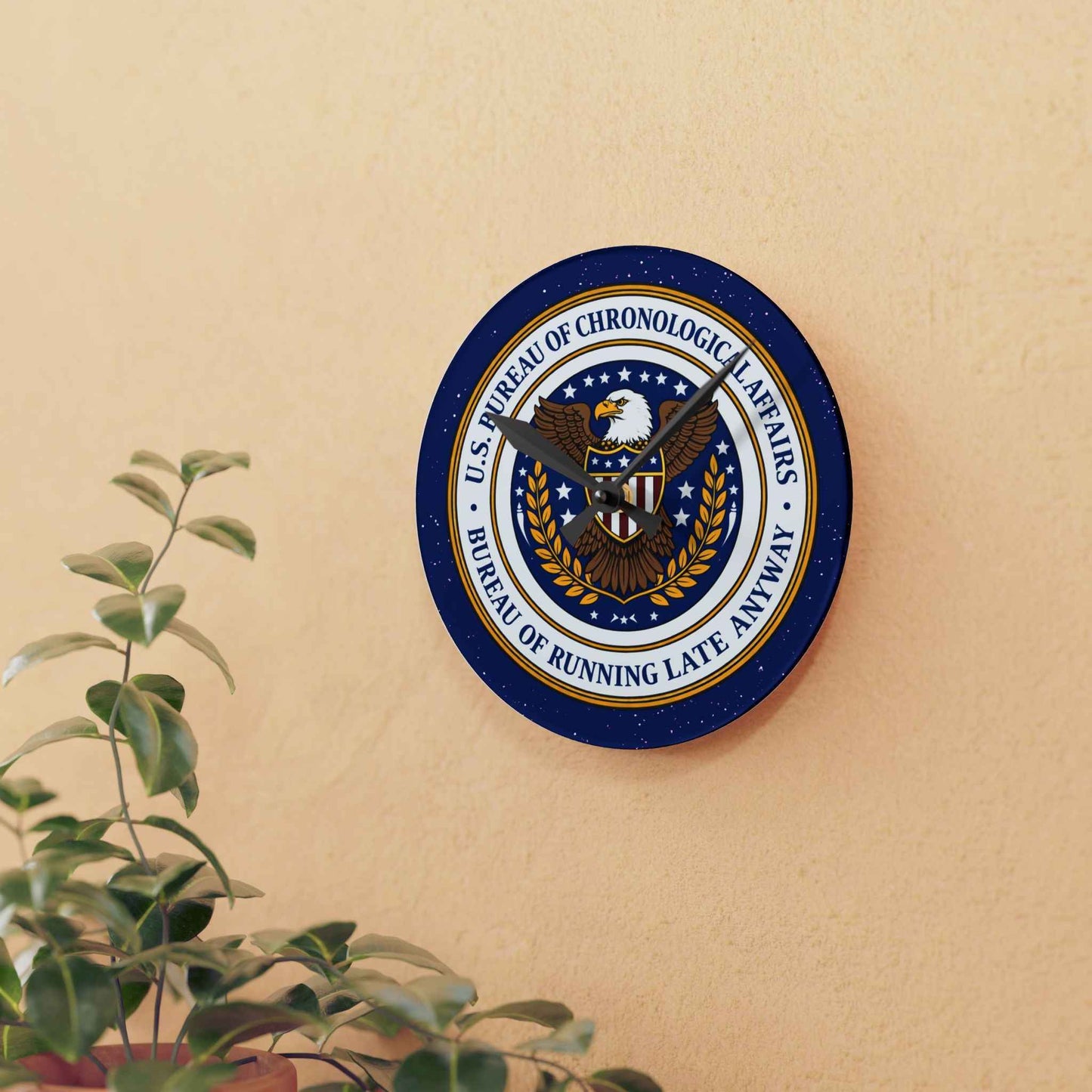 U.S. Bureau of Chronological Affairs Wall Clock – Bureau of Running Late Anyway – Funny Faux Seal Clock