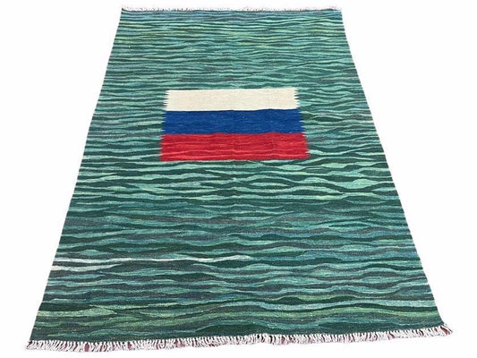 Sea Green Kilim Area Rug, White Blue Red Stripes, Russian Flag Rug, Flatweave Hand Knotted Carpet, Turkish Carpet, Wool, New, 5' 6" x 7' 10"