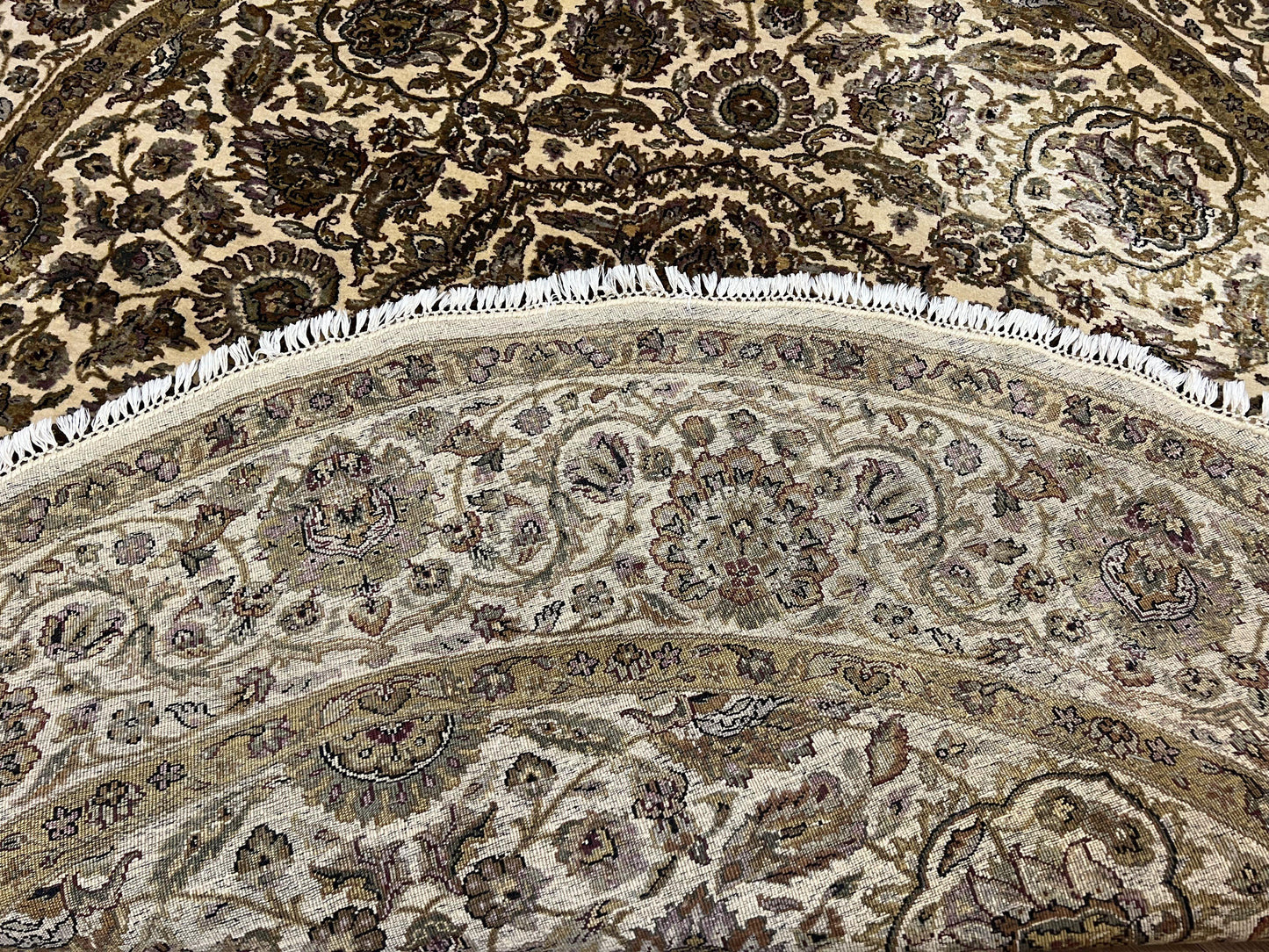 Round Indo Persian Rug 8x8 ft, Large Hand Knotted Vintage Wool Circular Carpet, 8ft Round Oriental Rug, Floral Medallion, Cream and Green