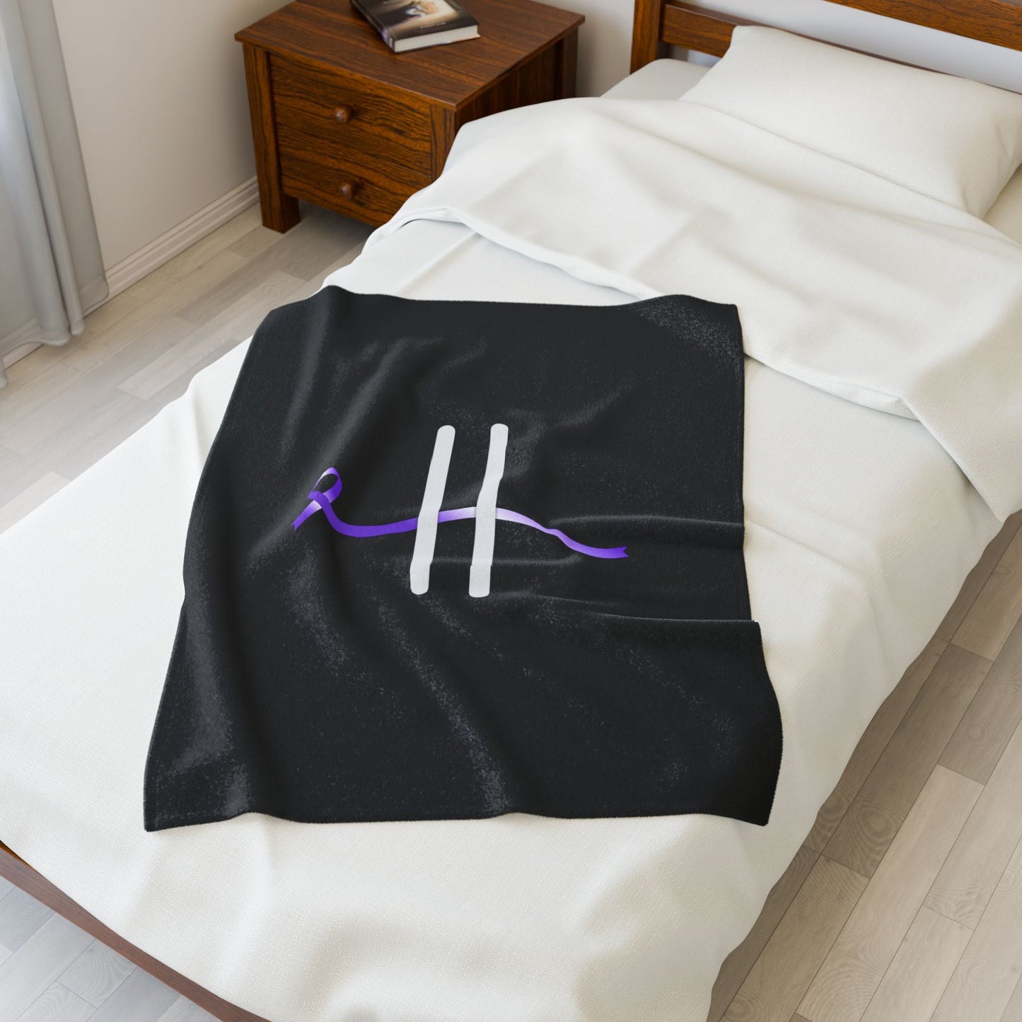 “Pause” Epilepsy Awareness Velveteen Blanket – Purple Ribbon Pause Symbol