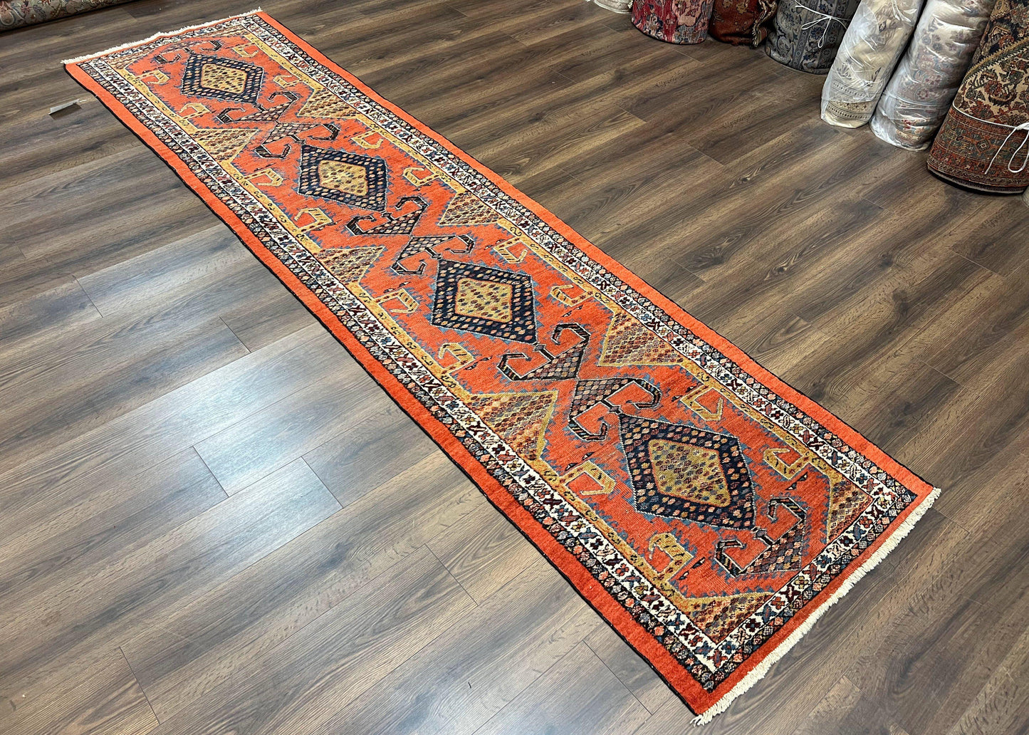 Rare Persian Tribal Runner Rug 3 x 11, Sarab Serab Persian Runner, Antique 1920s Collectible Geometric Medallions Oriental Wool Runner, Hand Knotted, Bright Orange-Red
