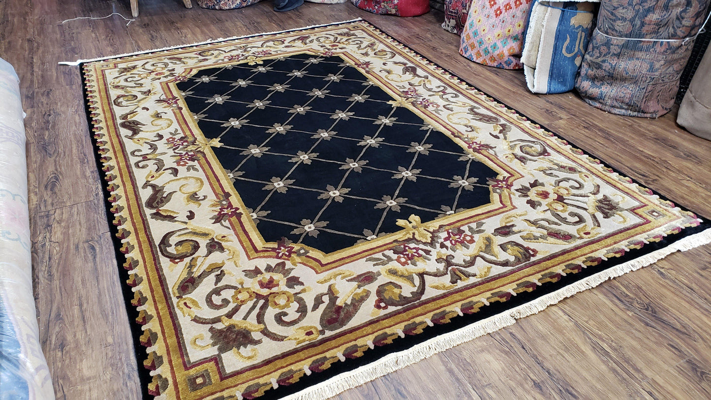Nepal Rug 6x9, New Aubusson Nepalese Tibetan Carpet 6'1" x 8' 8", Hand-Knotted Wool, Unused, Black & Cream, Savonnerie Pattern, Soft Pile