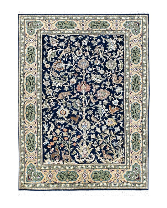 Semi Antique Persian Qum Tree of Life Rug, Hand-Knotted, Wool, Midnight Blue and Tan, Animal Pictorials, Written Poem in Borders, 4' 8" x 7' 8"