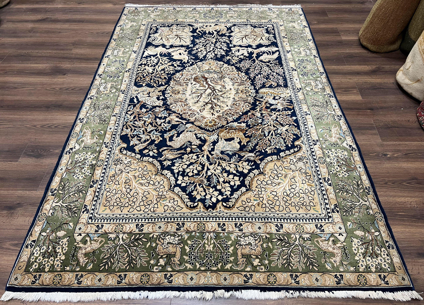 Wonderful Persian Qum Rug 6x9, Animal Pictorials, Tree of Life, Deer Birds, Hand Knotted Oriental Ghom Carpet, Semi Antique Vintage, Navy Blue Green