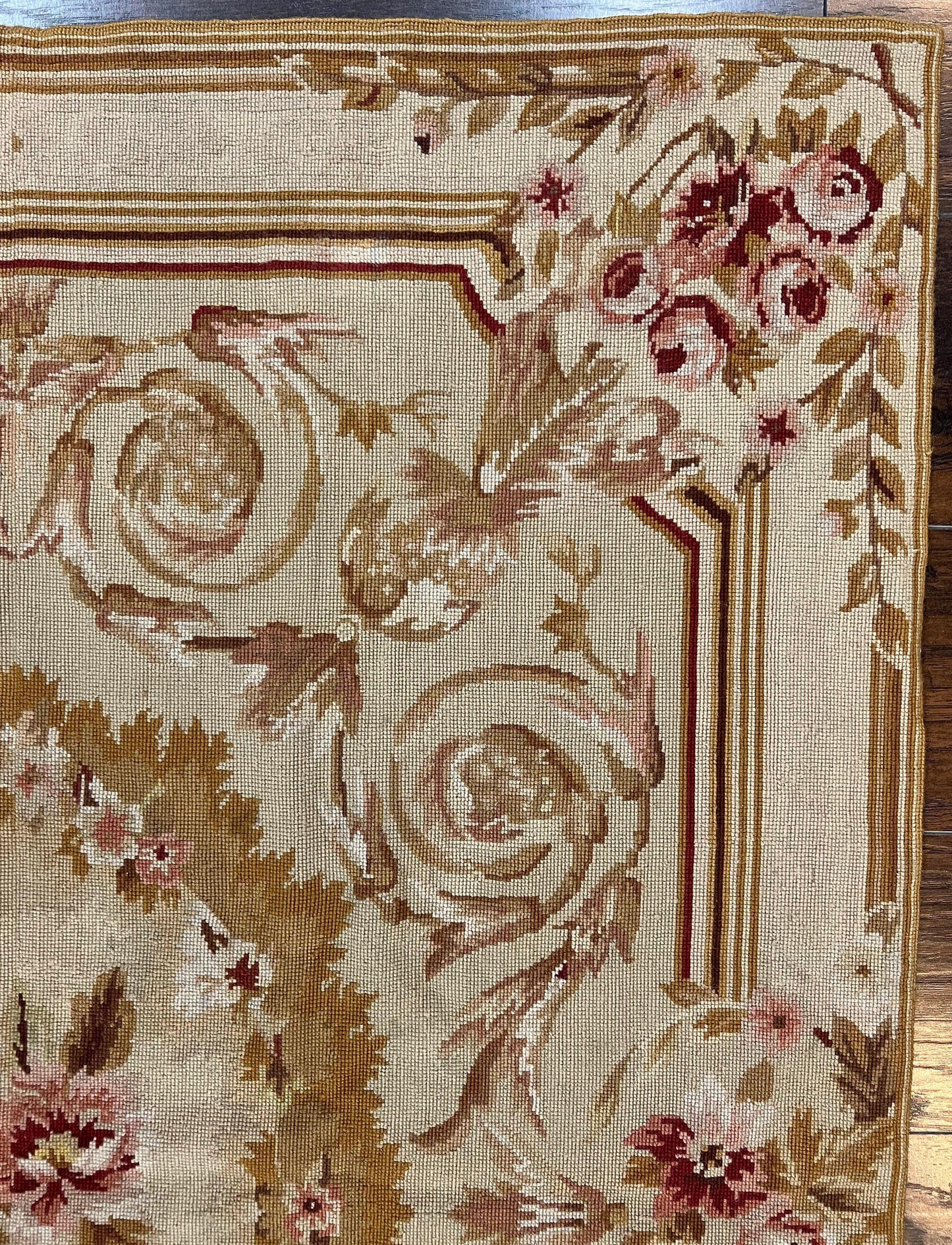 Aubusson Needlepoint Rug 4x5 ft, Beige and Tan, Aubusson Savonnerie Vintage Carpet, Handwoven Handmade Wool Rug, European Design Floral Rose