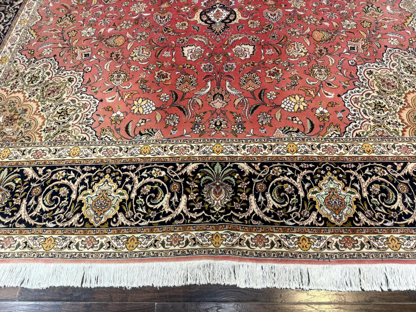Persian Tabriz Rug 10x13 – Floral Medallion & Birds, Wool & Silk, 330 KPSI